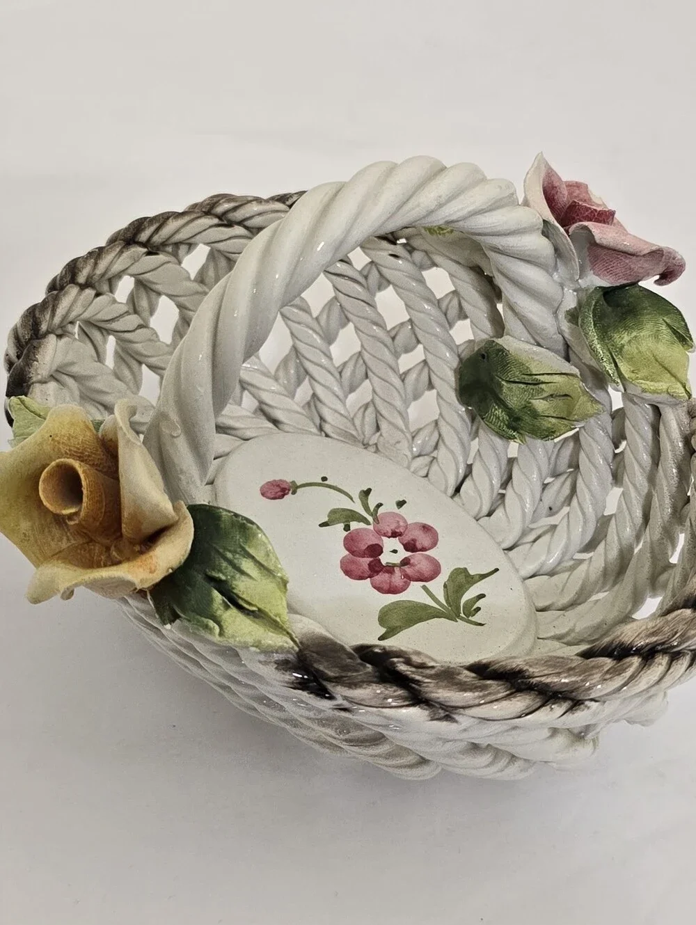 vintage CAPODIMONTE Porcelain Floral Basket Italian Made Trinket Tray White